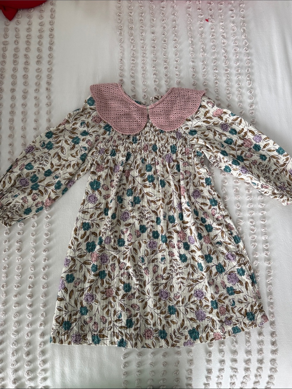 Zara-Cream Floral Dress with Pink Crochet Collar SIZE 4-5